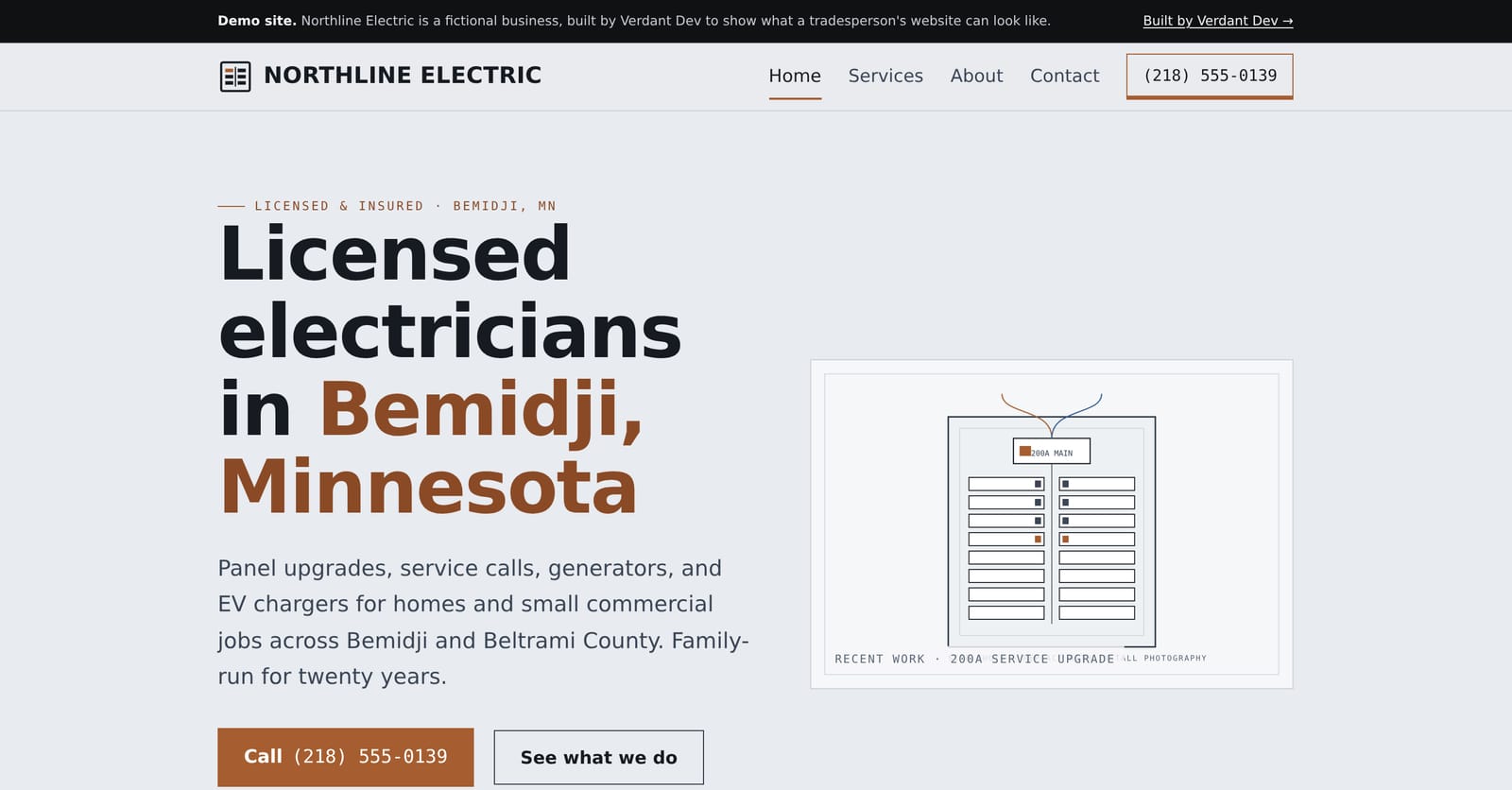 The Northline Electric example site — a 'Licensed electricians in Bemidji, Minnesota' hero next to a line drawing of a breaker panel.
