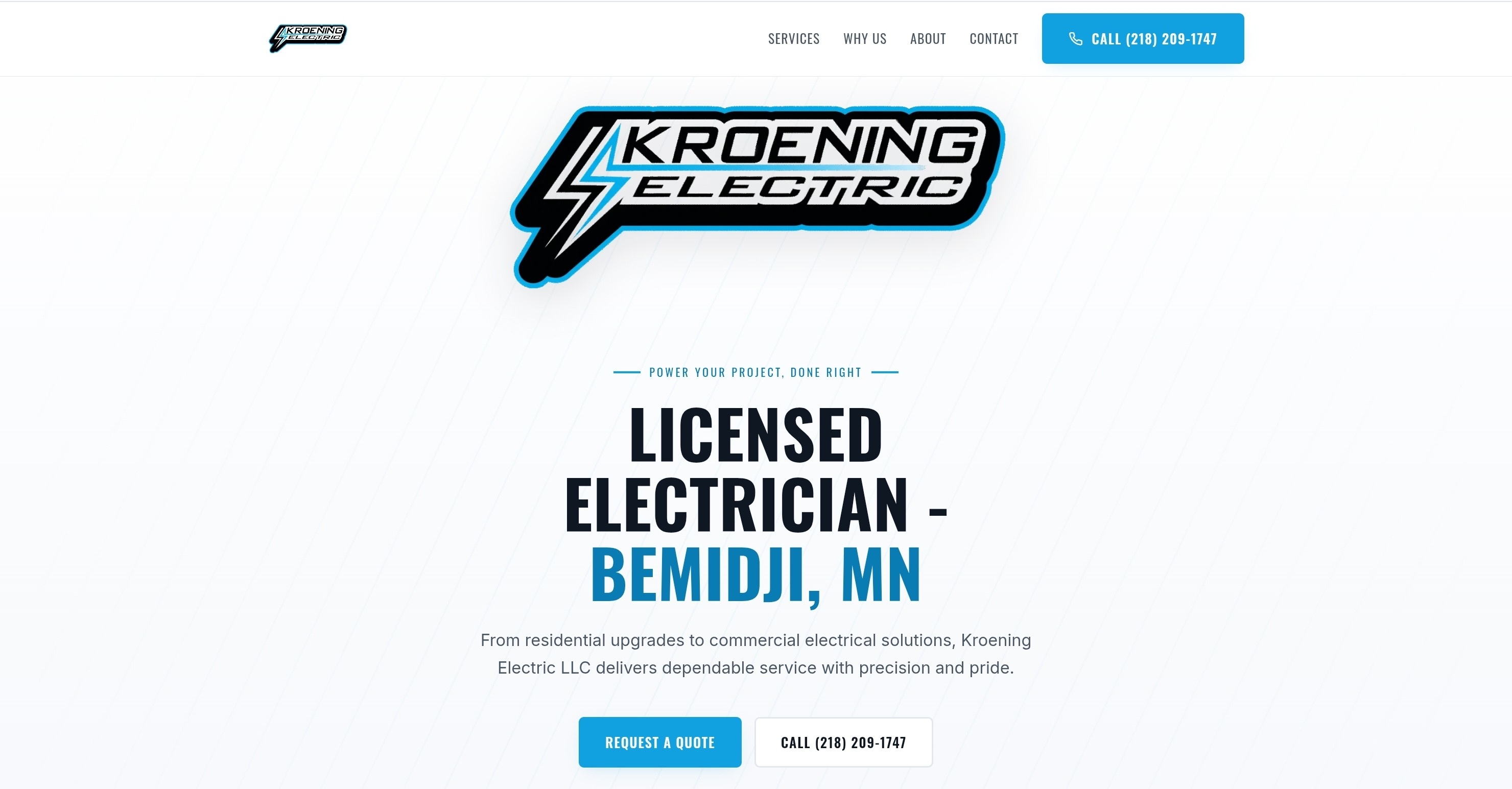 The Kroening Electric website — logo, navigation, and a “Licensed Electrician — Bemidji, MN” hero.